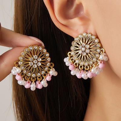 Vintage Ethnic Diamond-Set Flower Fringed Pearl Earrings Female Bohemian Travel Vacation Style Personalized Earrings Jewelry