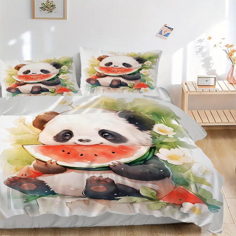 3pcs Panda Eating Watermelon Quilt Cover Set (1 Quilt Cover + 2 Pillowcases Without Pillow Core), High-Definition Printing for Home and Dormitory