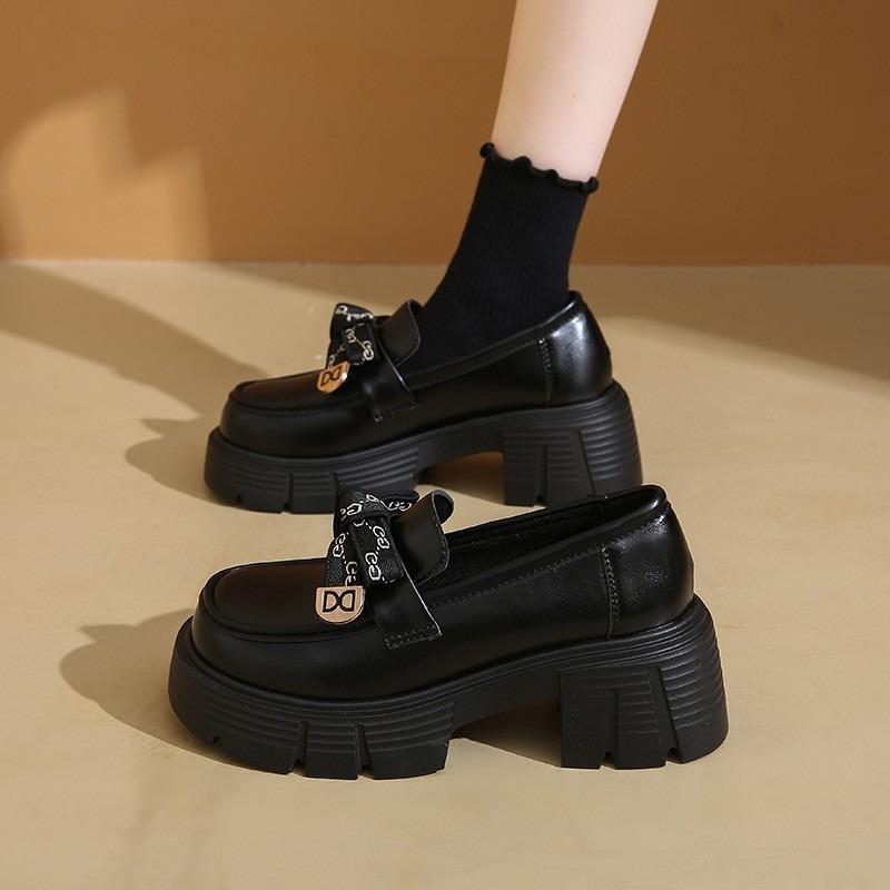 Platform Women's Black Small Leather Shoes Autumn New Fashion Bow Shoes Heightening Single Shoes