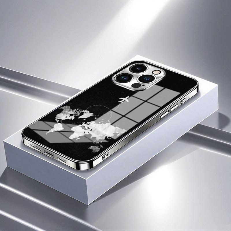 Aircraft route pattern electroplated glass phone case suitable for iPhone 17 16 15 14 13 12 11 Pro Max Plus anti fingerprint