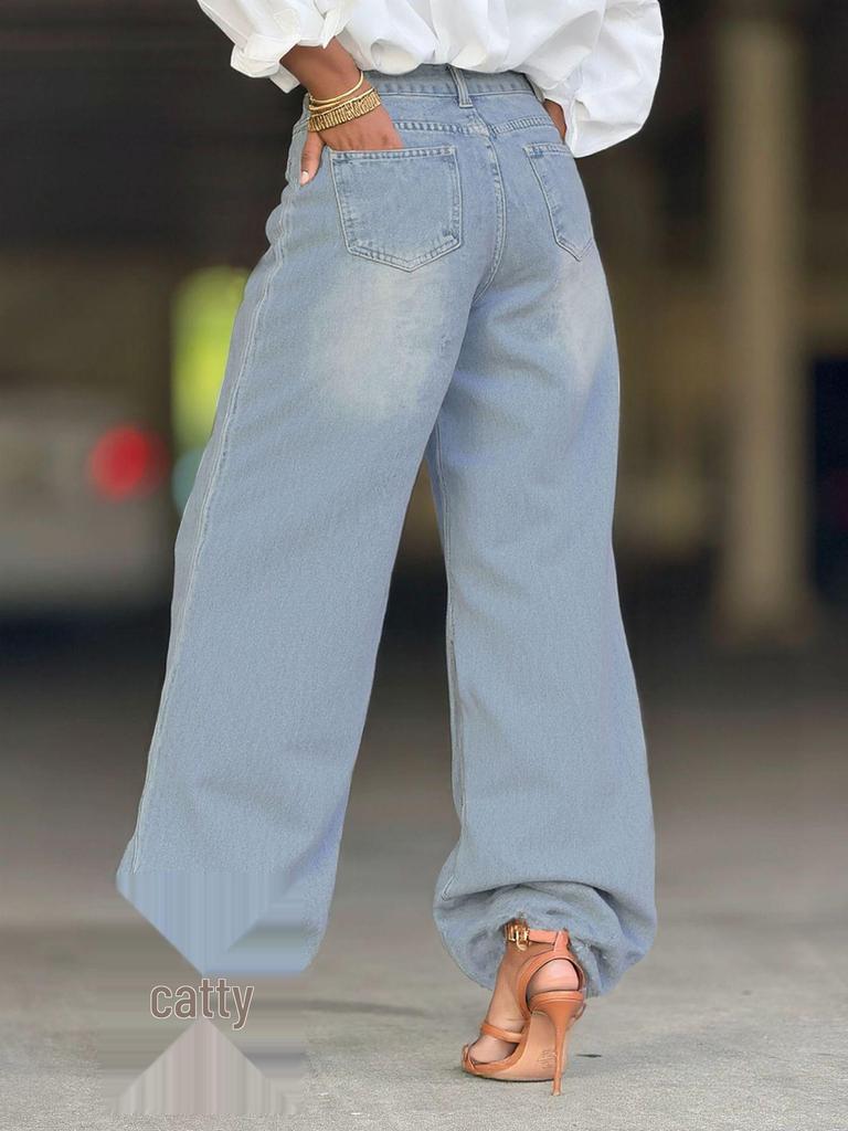 Jeans Rectos Lavados Desgastados con Rosa 3D - Sin Devoluciones ni Cambios
