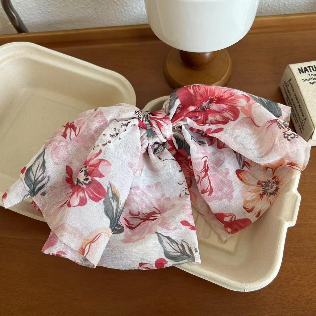 Clips de Păr din Șifon cu Flori și Fundă Multi-strat - Stil Coreean Primăvară/Vară