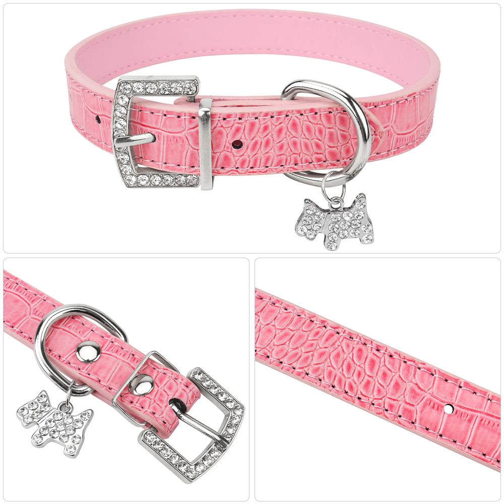 Small Durable Dog Collar PU Leather Padded Pet Collars with Puppy Pendant & Rhinestone Buckle for Small Medium Large Dogs & Cats