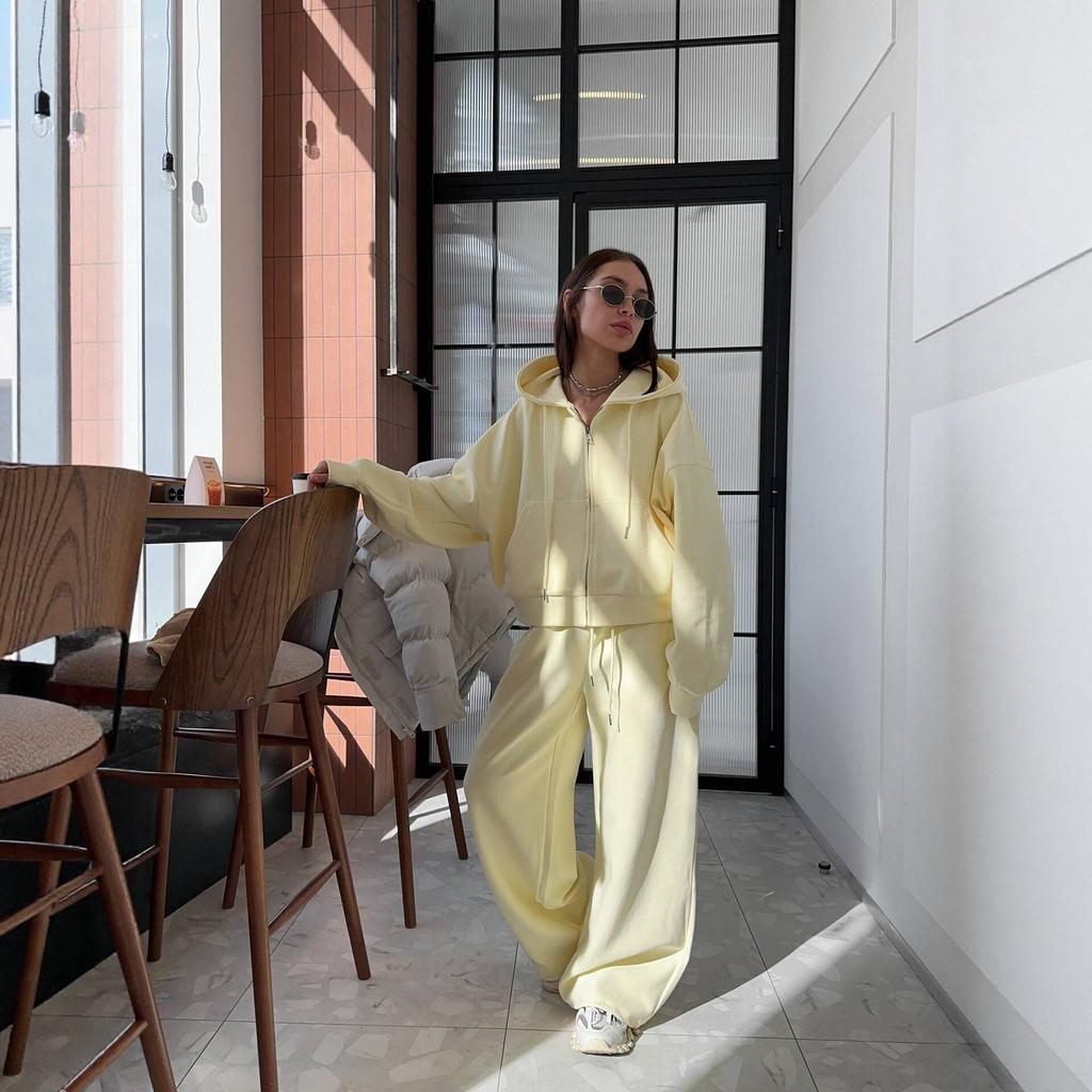 Autumn and winter new European and American style loose hooded zipper sweater set two-piece casual sweatpants women's solid color