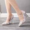 9cm Crystal Transparent Square Heel Pointed Toe Single Shoes Dance Party Bridal Shoes Satin Cloth Rhinestone Skirt Shoes Wedding Shoes
