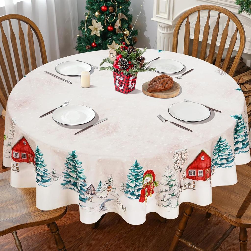 Weihnachts-Tischdecke Rund Wasserdicht Weiß Gold Schneeflocke Tischdecke, Waschbare Metallische Weihnachts-Tischdecke Spritzwassergeschützt Winter
