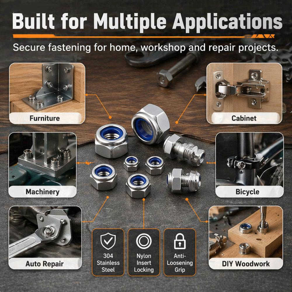 10Pcs 304 Stainless Steel Nylon Insert Lock Nuts, Metric Hex Self Locking Anti-Vibration Nuts For Furniture Machinery Repair Hardware