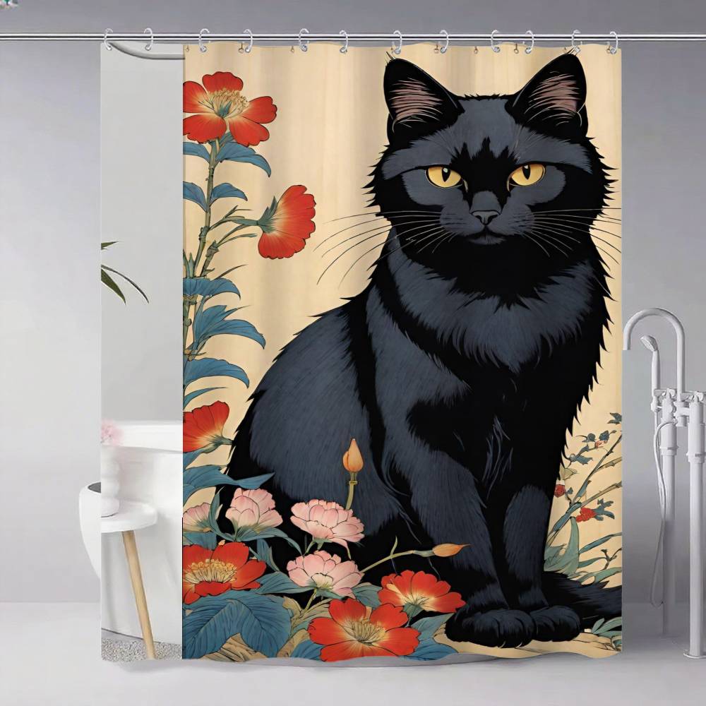 Japanese Cat Classic Vintage 1pc Pattern Shower Curtain Plus Hooks Waterproof Machine Washable Polyester Fabric Abstract