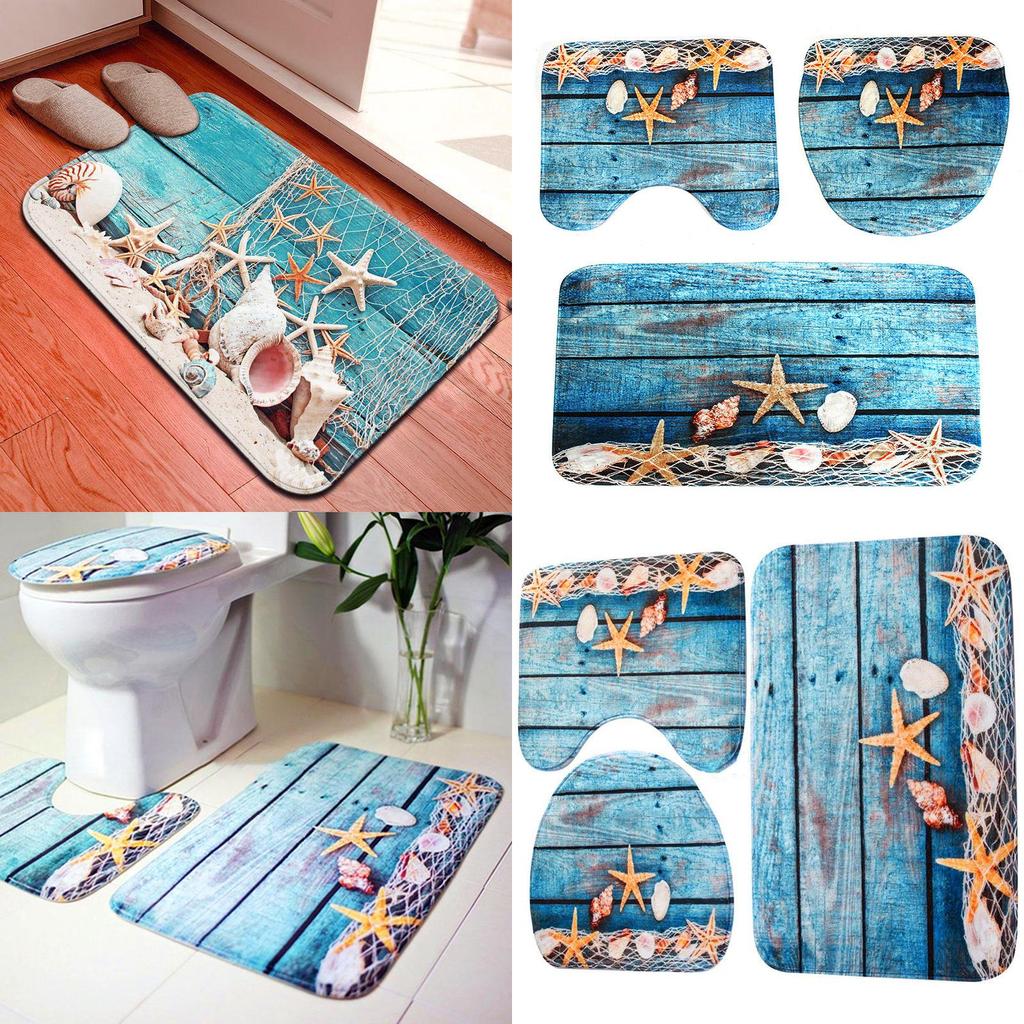Luxurious 3pcs Beach Nonslip Bathroom Toilet Seat Cover Pedestal Rug Bath Mat Carpet Set