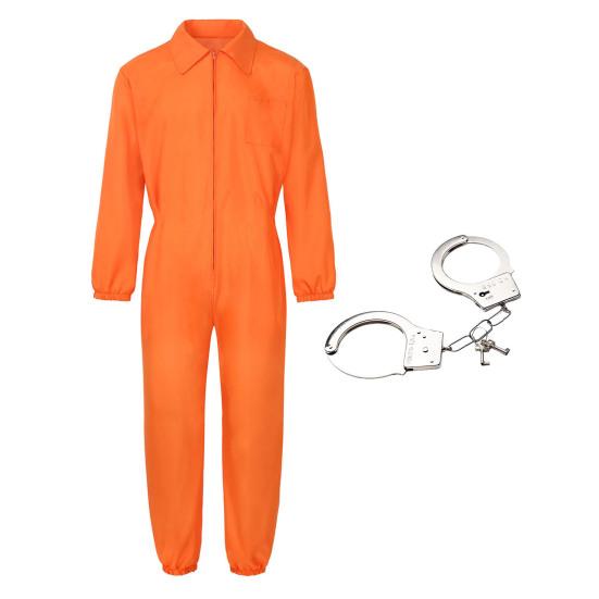 Halloween Prisoner Cosplay Jumpsuit with Manacle Halloween Unisex Children Adult Role Play Outfit Long Sleeves Lapel Zipper Festivals Parties Costume