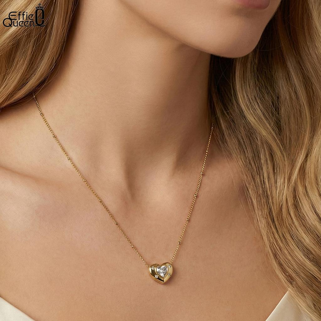 EFFIE QUEEN Stainless Steel 18k Gold Heart Cut Zirconia Pendant Necklace Romantic Jewelry for Women Valentine's Day Gift STKN13