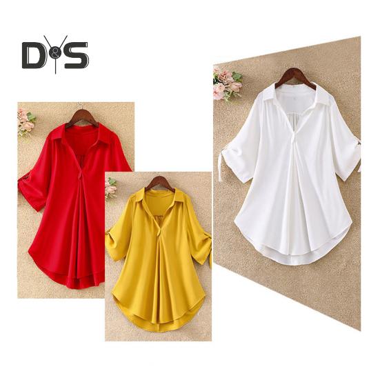 Dámská košile s klopou, poloviční rukáv, střední délka, ležérní topy, jednobarevná, vypasovaná v pase, volný střih, šifonová halenka, pro každodenní nošení