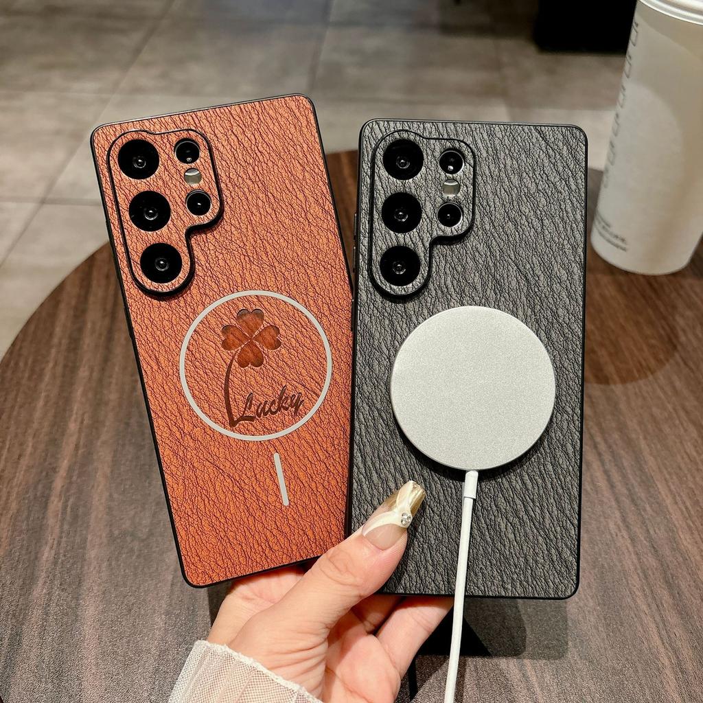 Samsung S25ultra Four Leaf Clover Mobile Phone Case Full Inclusive S24FE Simple Thin Circle Magnetic Leather Absorbing Shell