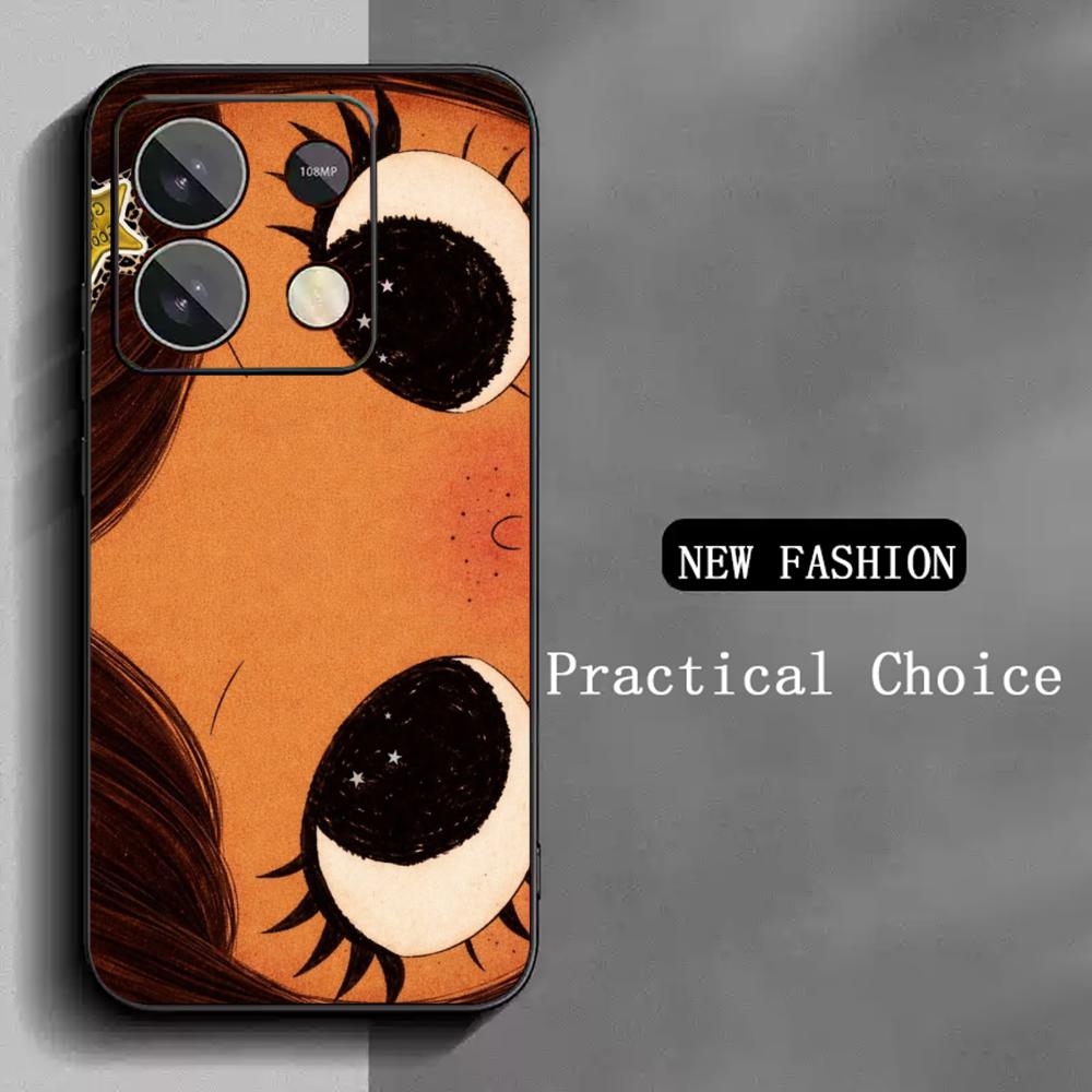 Cute girl cartoon big eye design Phone Case For Redmi Note 14 13 12 11 Pro Plus S 5G 14C A3 Soft Black Phone Cover