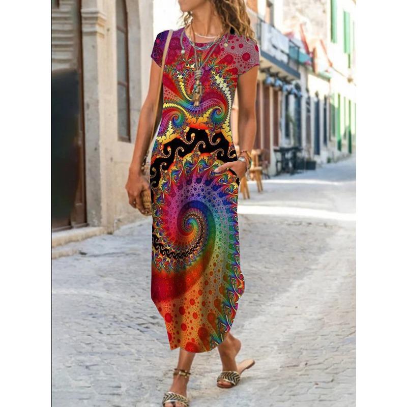 BITCED Vestidos Casuais de Manga Curta com Gola Redonda para Verão e Primavera