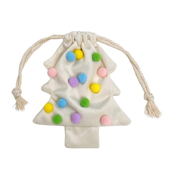 Christmas Tree Hanging Ornaments Drawstring Gift Bag, Plush Pom Bell Small Trinket Bags with Ornament, Reusable Candy Pouch Decor for Holiday