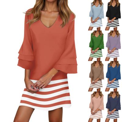 Women's Casual Fashion Striped Printed V-Neck Loose 3/4 Sleeve Dress