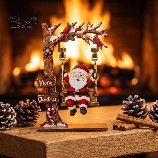 Christmas Party Table Decorations Wooden Ornaments, Santa Snowman Figurine with Moving Ornaments Swing, Rustic Holiday Tabletop Centerpiece