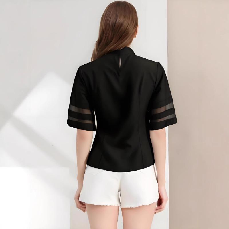 Women Loose Solid Color Casual High Neck Seven Quarter Sleeve Blouse
