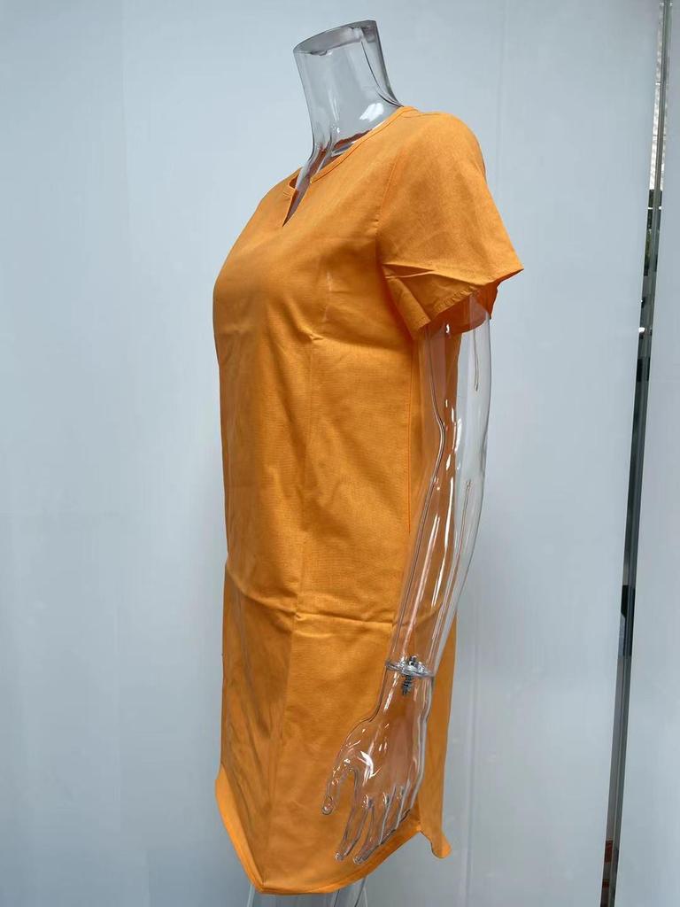2025 Summer Solid Color V-Neck Cotton Linen Short Sleeve Dress for Women