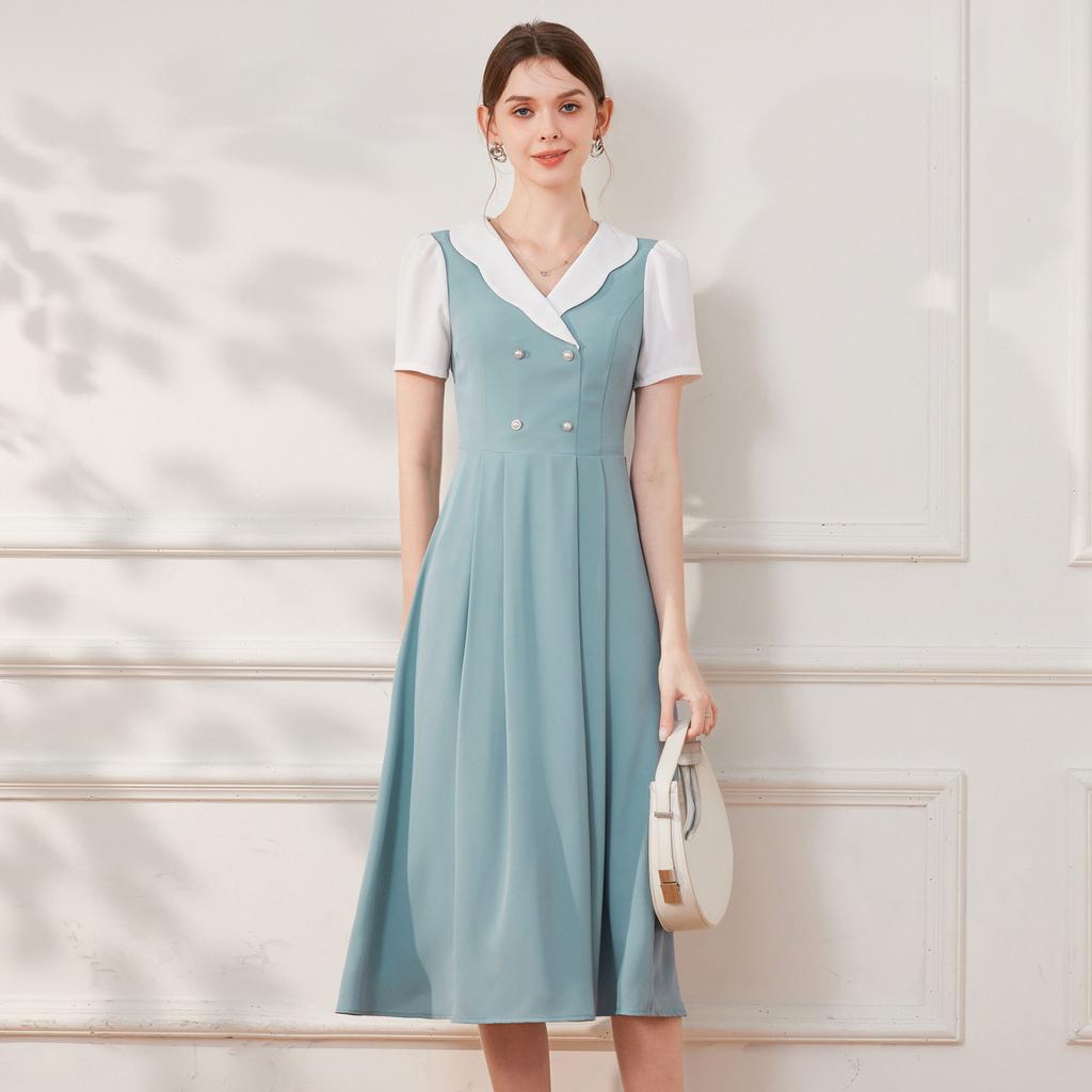 Age reducing contrasting suit collar French fake two-piece dress for women 2024 summer high waisted slim fit A-line skirt