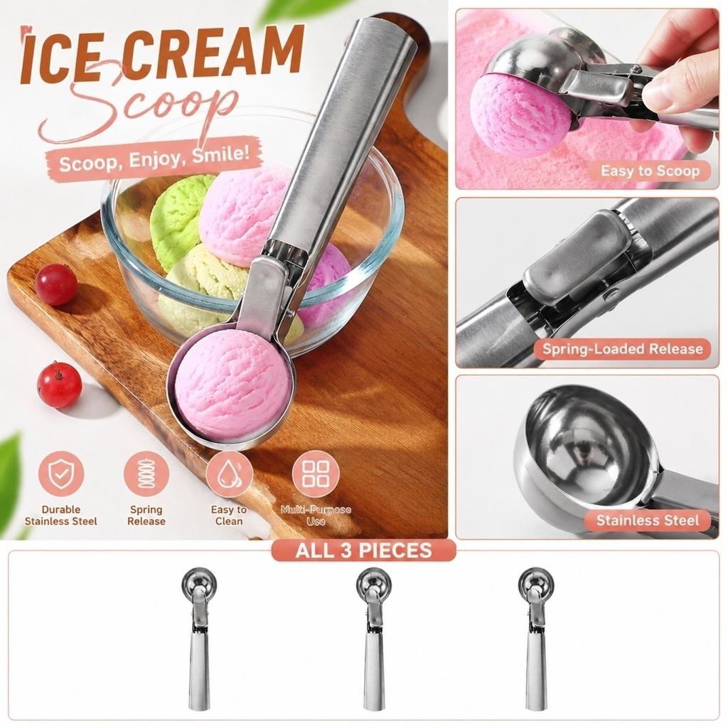 Stainless Steel Ice Cream Scoop with Spring Release Mechanism Durable Ice Cream Spoon for Fruit Melon Balling and Dessert Serving Tool