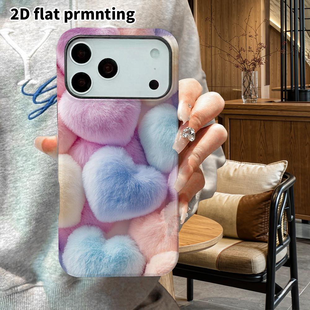 Phone Case: 2D Flat Suitable for iPhone 18 17 16 15 14 13 Pro Film Protective Case, Couple Style, Plush Heart, Christmas and Halloween Holiday Gift