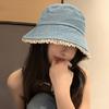Cute bucket hat lace edge denim sunscreen basin hat advanced sense sunshade college wind show face small bucket hat female
