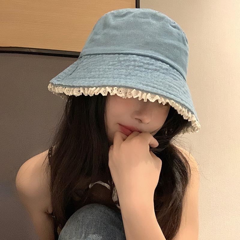 Cute bucket hat lace edge denim sunscreen basin hat advanced sense sunshade college wind show face small bucket hat female