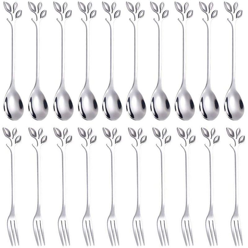 A84X-Dessert Spoon Fork Set,20 Pcs 4.7 Inch Cake Fork,Coffee Spoon,Creative Silver Leaf Fruit Fork,(20 Spoon + 20 Fork)