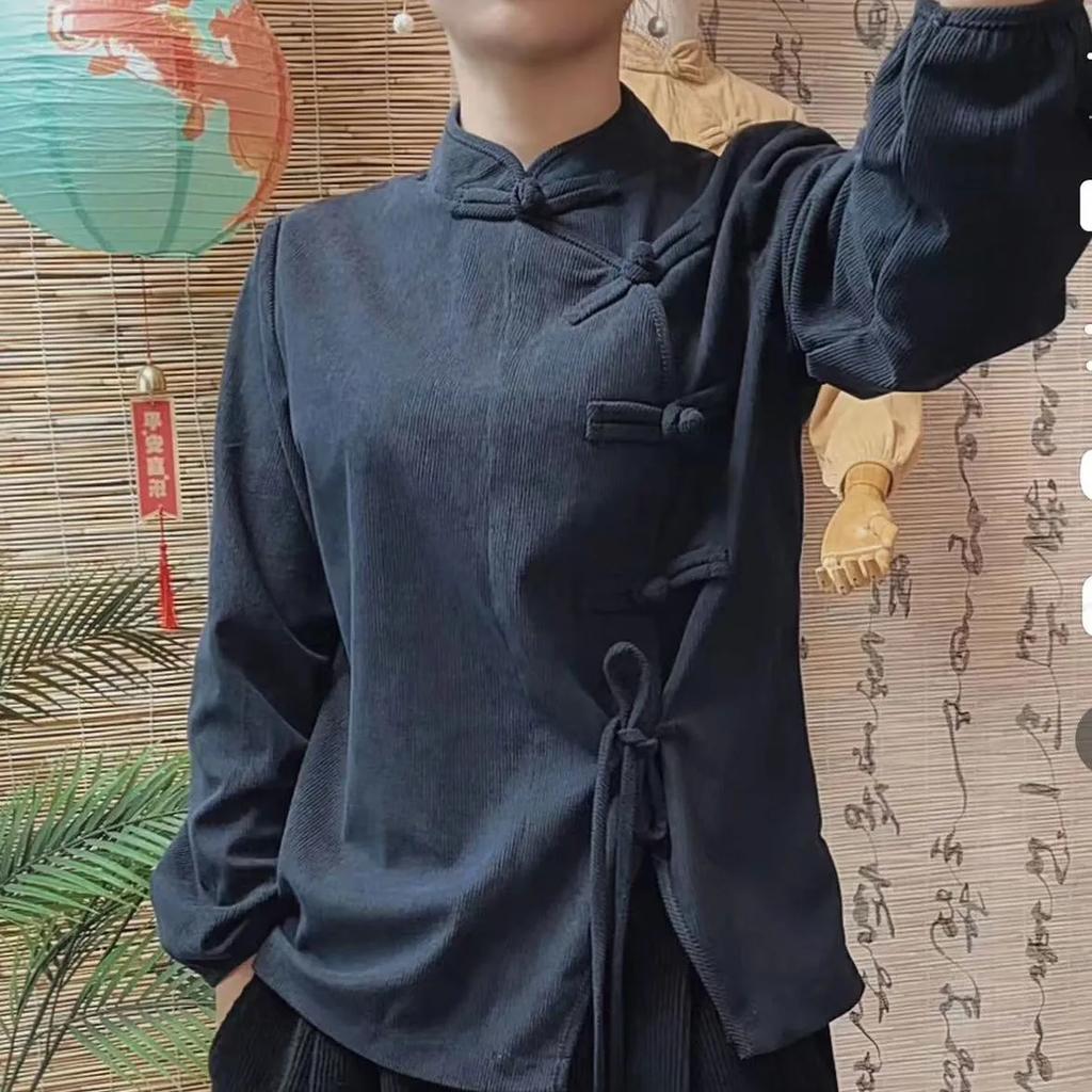Women's Vintage Corduroy Shirt with Slanted Collar In Solid Color Chinese Literary Style Top