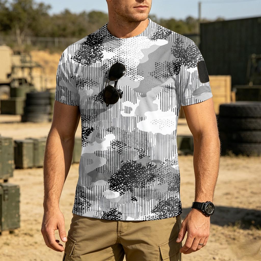 Men's Tactical Outdoor Quick Dry Short Sleeve T Shirt Loose Fit Breathable Crew Neck Camouflage Print with Hook and Loop Patch Area