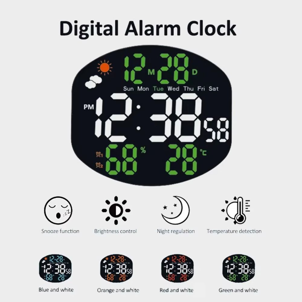 Multi-functional Large Display Digital Clock Remote Control Auto Dimming Wall-mounted Electronic Clock Two Alarm Set
