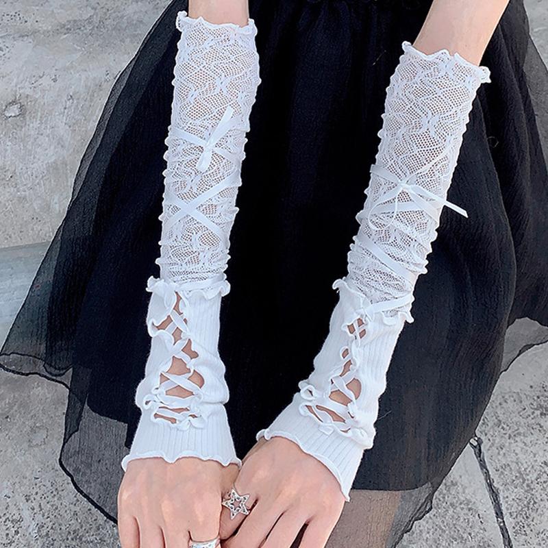 Lolita Strapping Bow Fishnet Lace Fingerless Gloves Floral Elastic Mesh Handwear