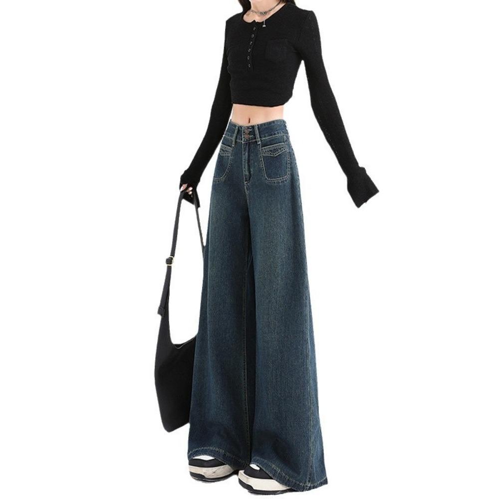 Design sense street wide-leg jeans women's spring and autumn new high-waisted loose and drape versatile floor-mopping jeans
