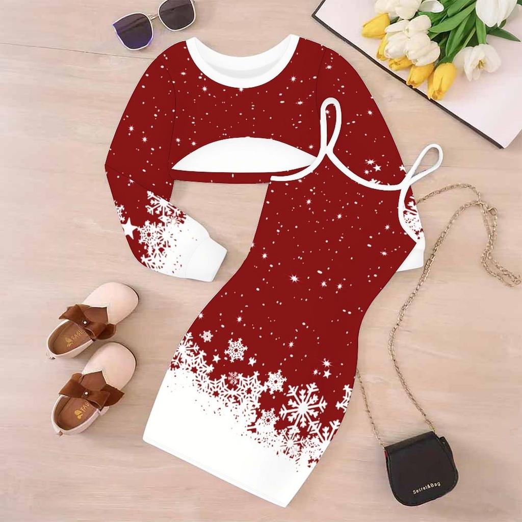 Girls Cartoon 2 Piece Outfits, Long Sleeve Crop Top + Spaghetti Strap Bodycon Dress, Red Snowflake Print Party Dress Set