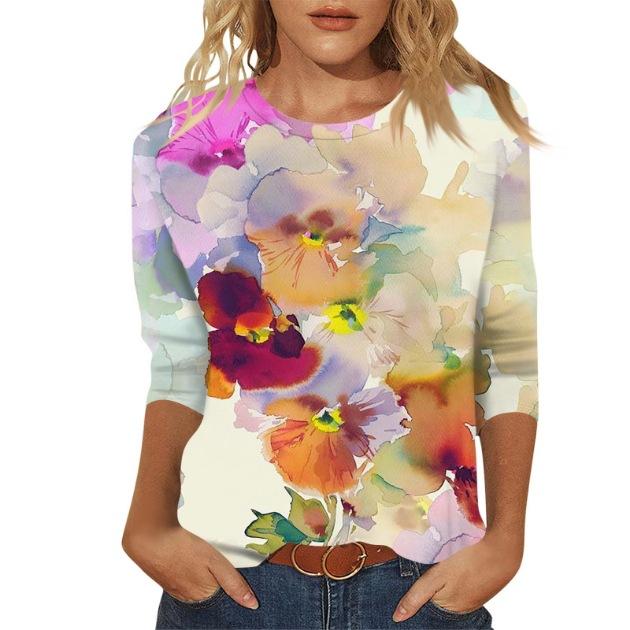 2026 Spring/Summer New Women's Fashion Printed Three-Quarter Sleeve Loose Round Neck Casual T-Shirt Top
