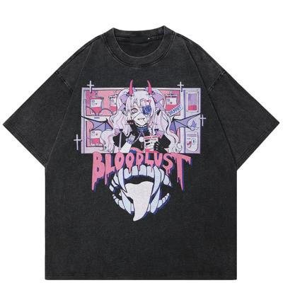 Streetwear Japanese Anime Graphic Unisex T-Shirt Cotton Washed Black Tshirt Unisex Tops Tees Summer Short Sleeves T Shirt