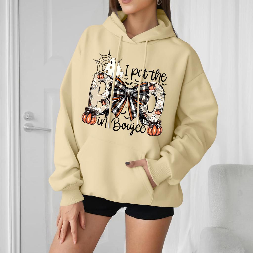 Women's Casual Fashion Comfortable Round Neck With Hood Long Sleeve Halloween Print Warm Sweatshirt