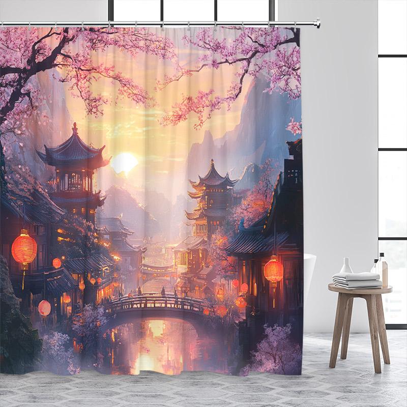 Ink Landscape Shower Curtain Abstract Mountain Water Red Floral Birds Chinese Style Bath Curtains Home Bathroom Decor with Hooks