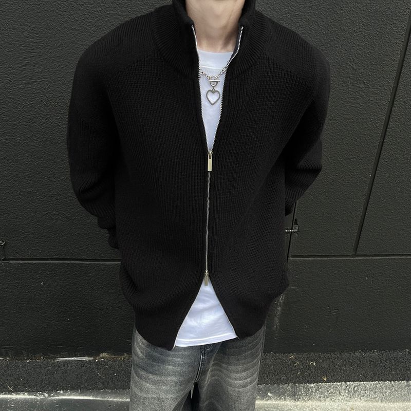 No Logo Official Lazy Style Sweater for Men, Autumn and Winter Double Zipper Cardigan, Stand Collar Knitwear Jacket for Boys