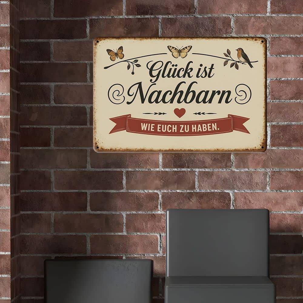 "Glück ist Nachbarn" Metal Sign - 20.32x30.48cm German Friendship Quote with Nature Illustrations