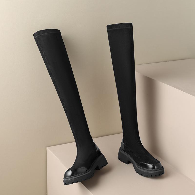 Krazing Pot Flock Autumn Winter Shoes Med Heels Size 43 Stovepipe Boots Round Toe Keep Warm Zipper Over-the-knee Boots