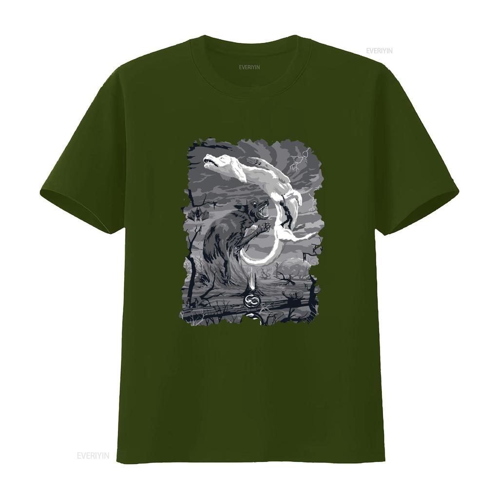 Gothic Dark Fantasy Black White Wolf Print Casual Streetwear T Shirt Vintage Washed Comfortable Top For Everyday Wear Fashion