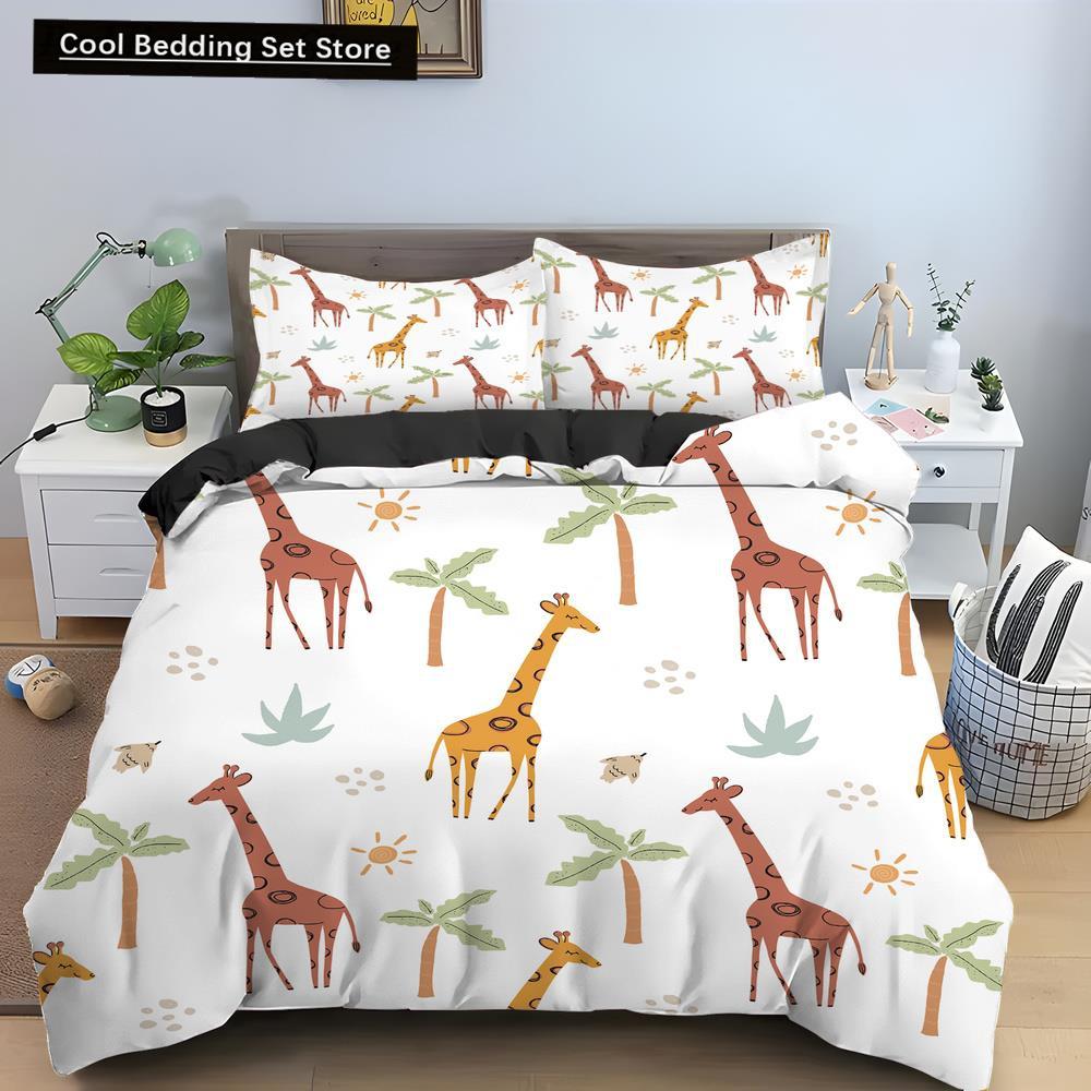 Cartoon Giraffe King Queen Duvet Cover Kids Girls Boys Animal Bedding Set Wildlife Quilt Cover 2/3pcs Polyester Comforter Cover