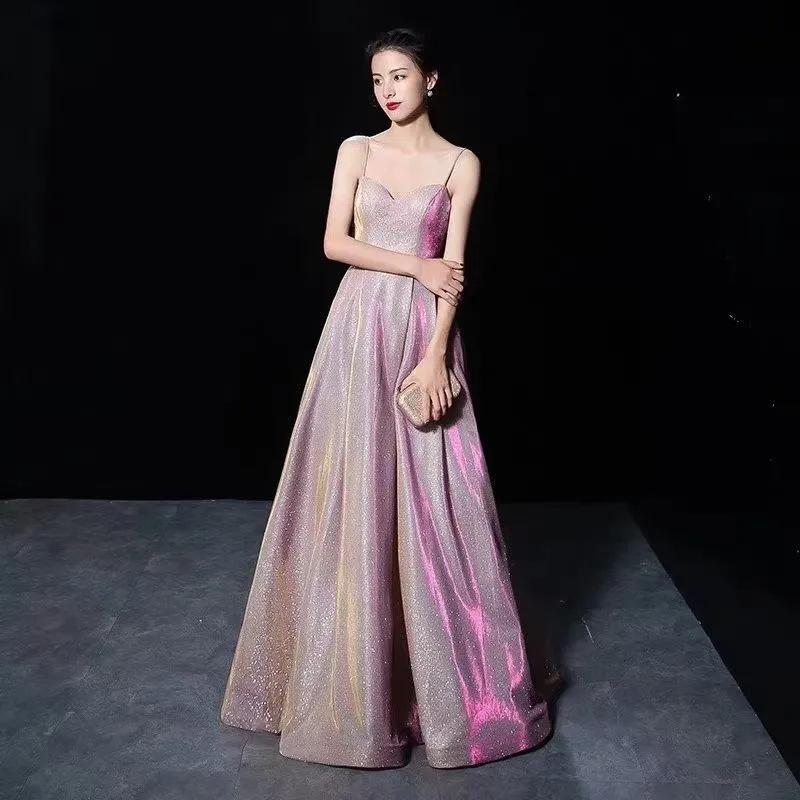 European and American New Women's Suspender Backless Sexy Flash Deep V Party Banquet Evening Dress Dress