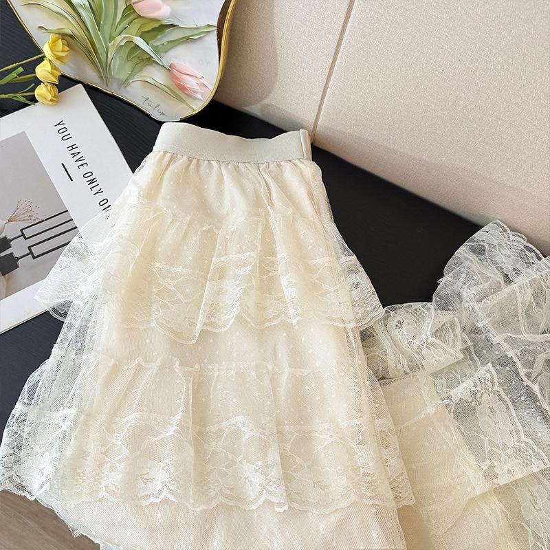 Women's Autumn 2025 A-line French Ruffled Lace Pleated Skirt