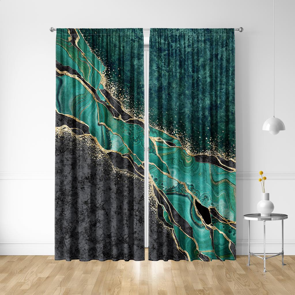2PC Home Decoration Curtains With Green Marble Background And Pole Pocket Curtains, Kitchen, Coffee Shop, Living Room, Balcony