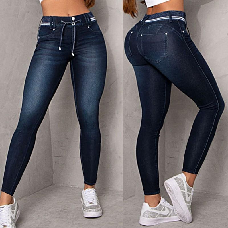 High-Waisted Stretch Denim Jeans Women 2026 Washed Skinny Pencil Pants With Drawstring Waist