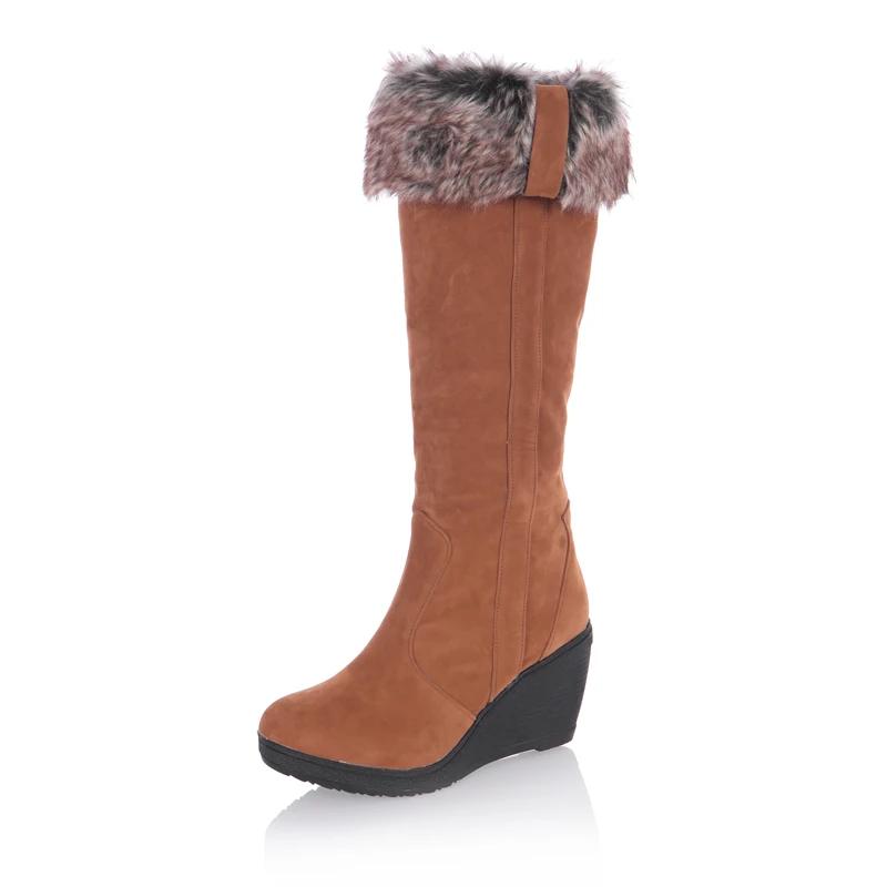 Fashion 34-43 Winter Fur Boots Ladies High Heels Platform Knee High Snow Boots Women Warm Fur Wedge Shoes Woman